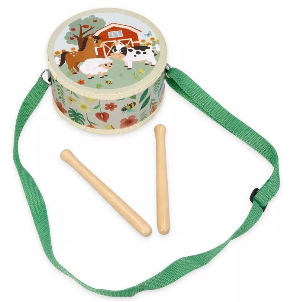 Baby toy WOODEN DRUM with motif FARM cute and colorful