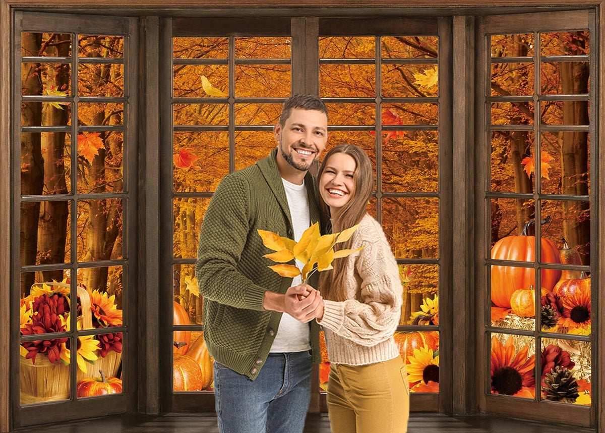 Background Photo Autumn Window Pumpkin Leaves 210x150 cm Backdrop Packaging status original