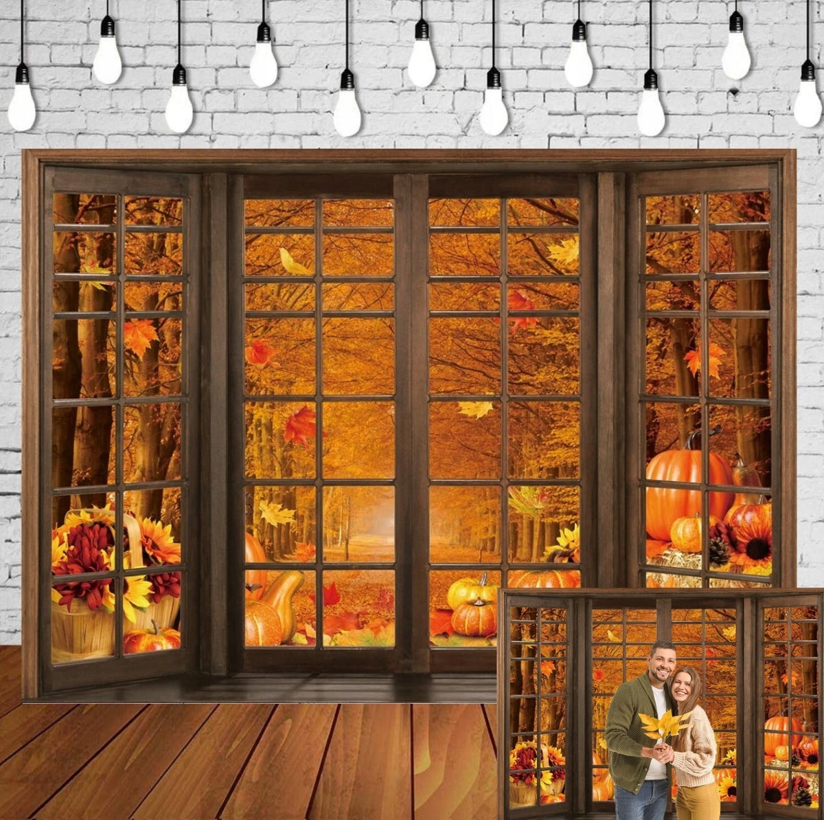 Background Photo Autumn Window Pumpkin Leaves 210x150 cm Backdrop