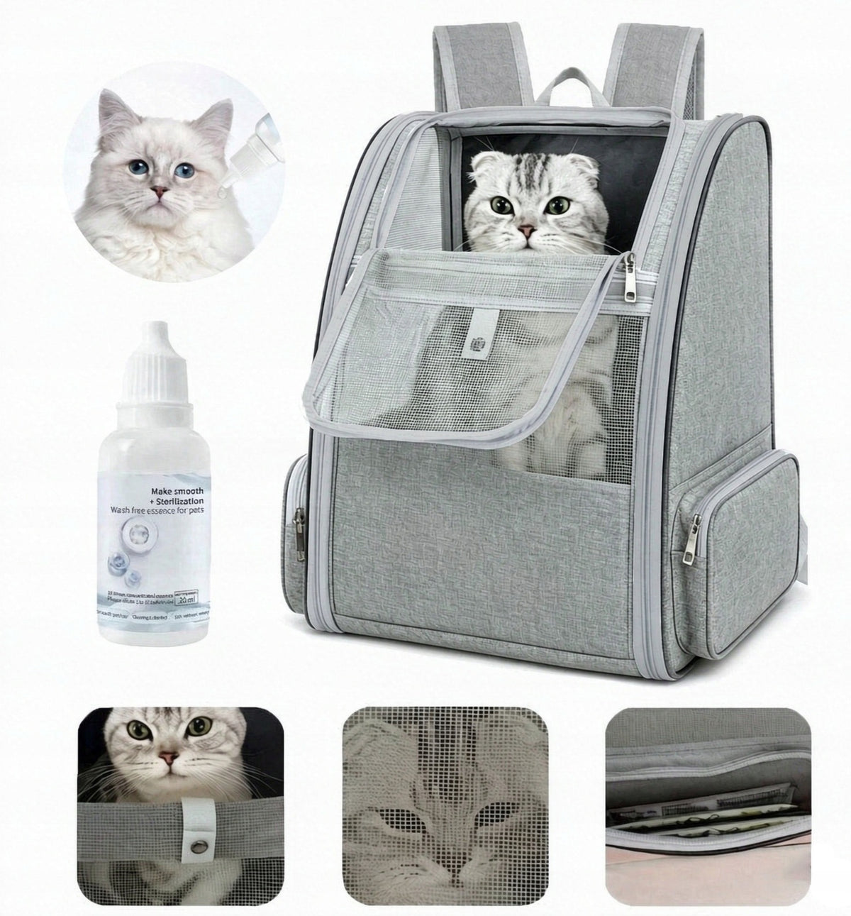 Backpack cat and dog transporter foldable ventilated with handle + essence