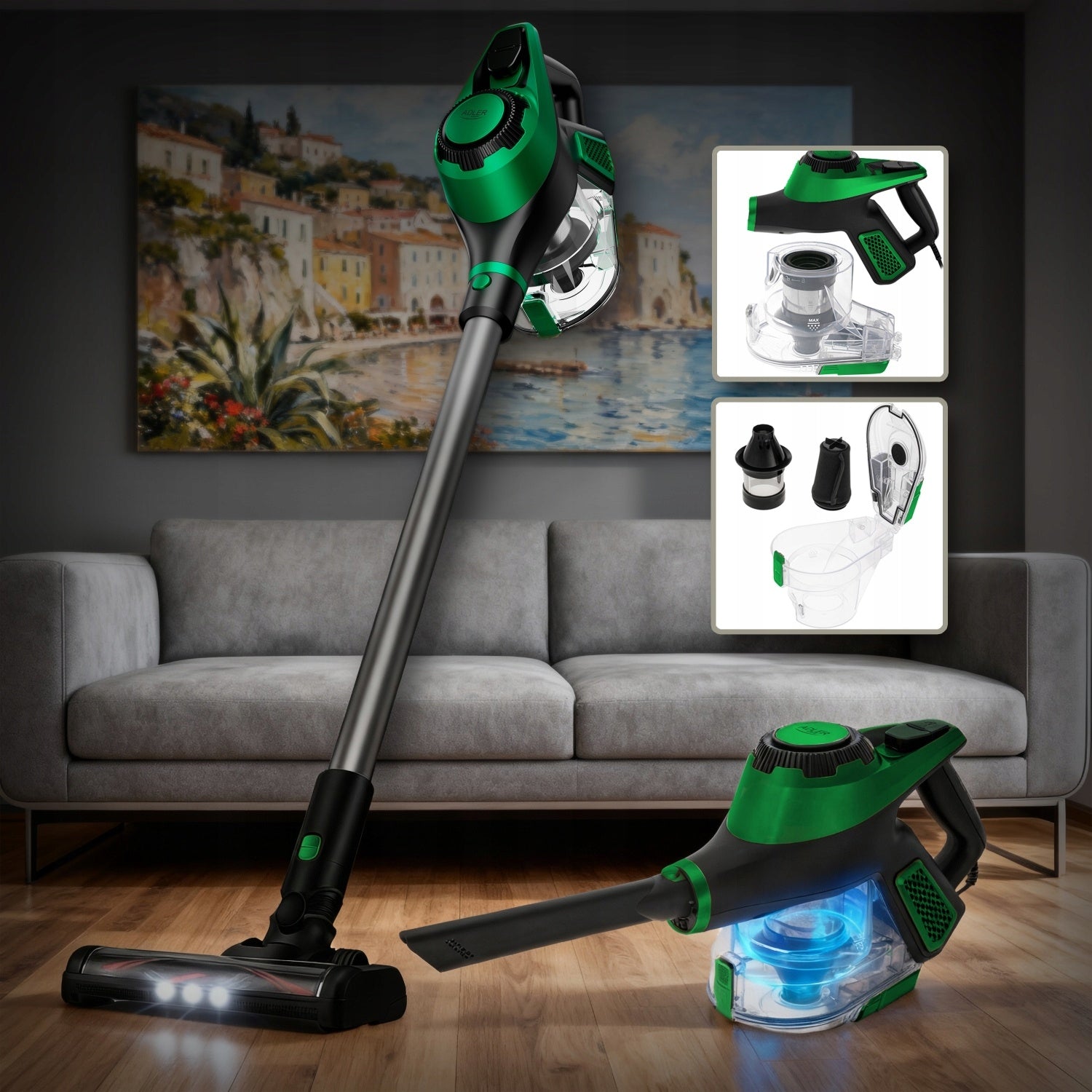 Bagless upright vacuum cleaner Adler Light Gold 700 W with 3in1 LED turbo brush Brand ADLER