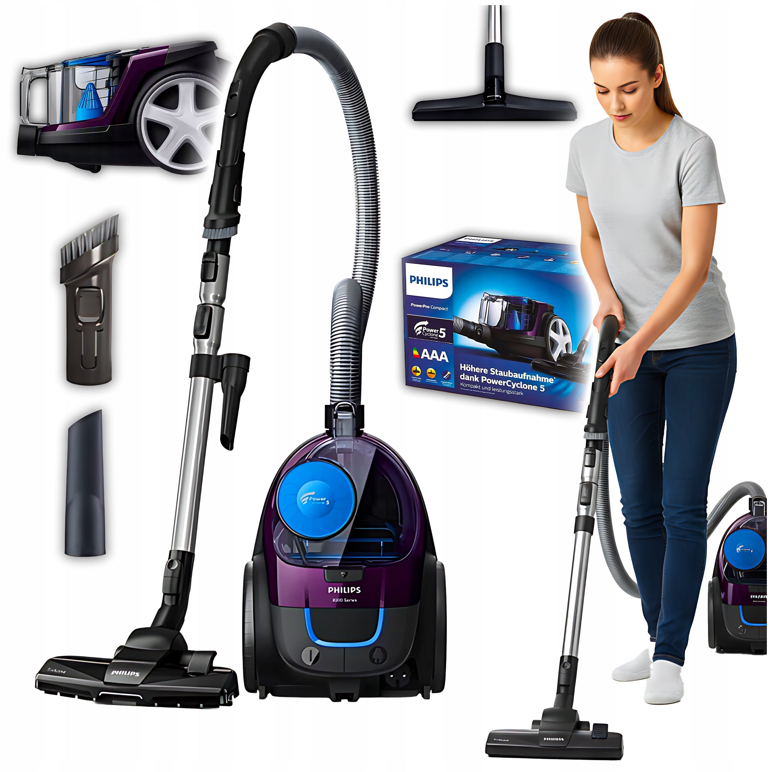 Bagless vacuum cleaner Philips powerful 900W anti-allergic with home filter 9m