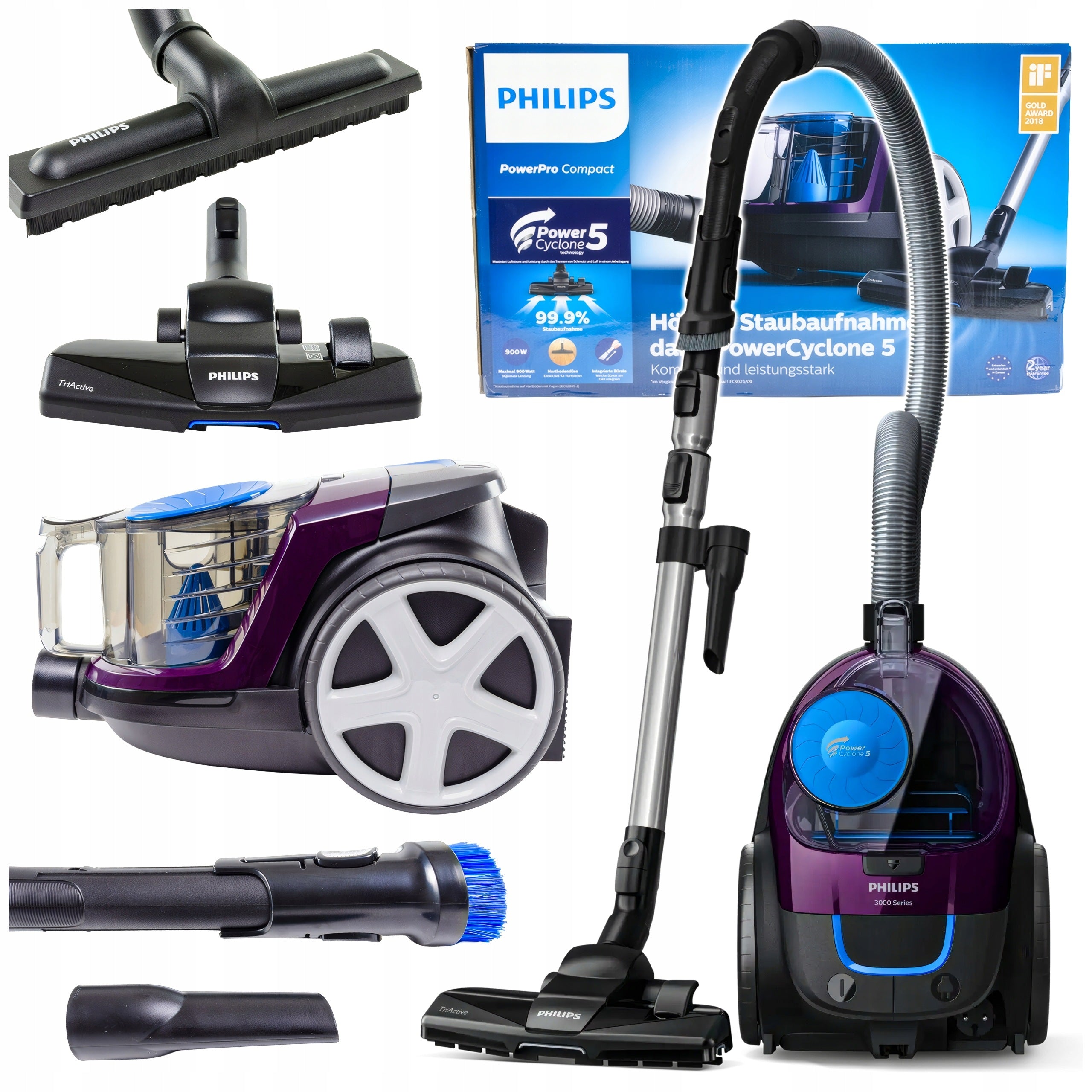 Bagless vacuum cleaner Philips powerful 900W anti-allergic with home filter 9m