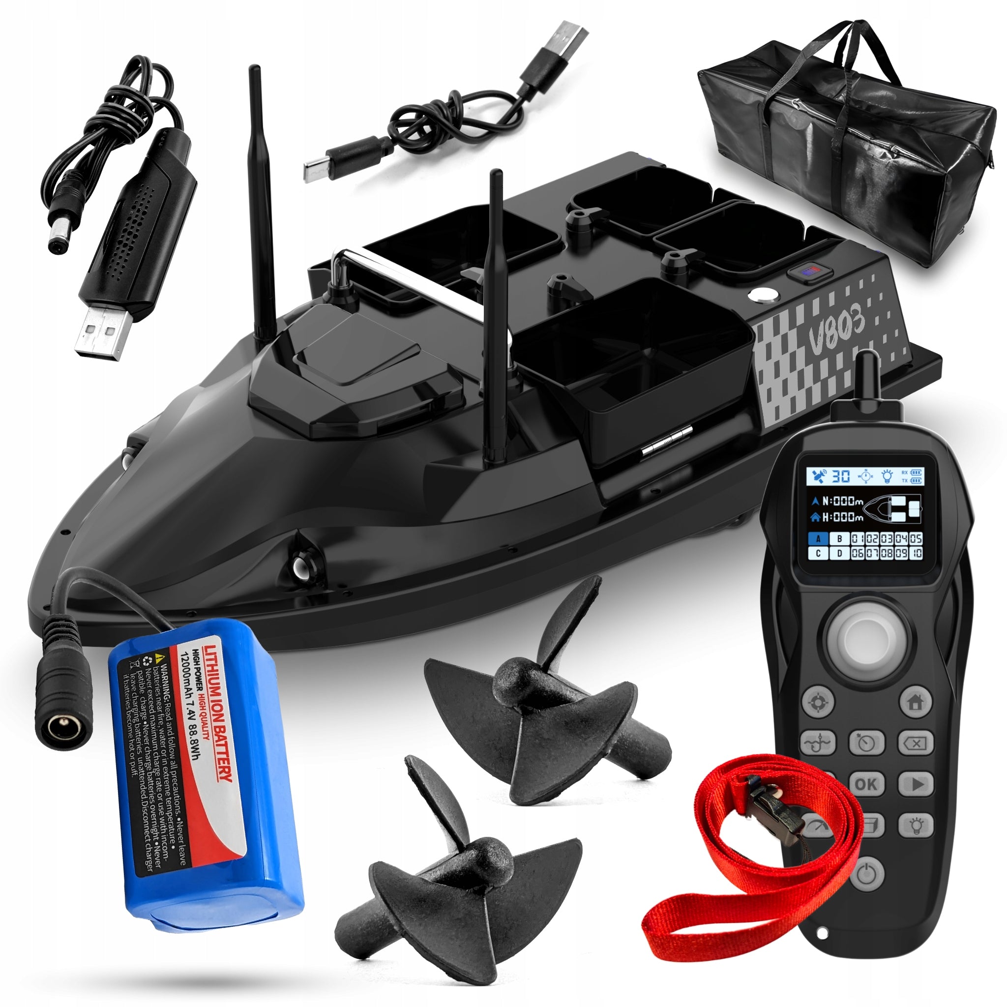 Bait boat FLYTEC V803 GPS 4 feeders 3 kg remote control 500 m fast 15 km/h