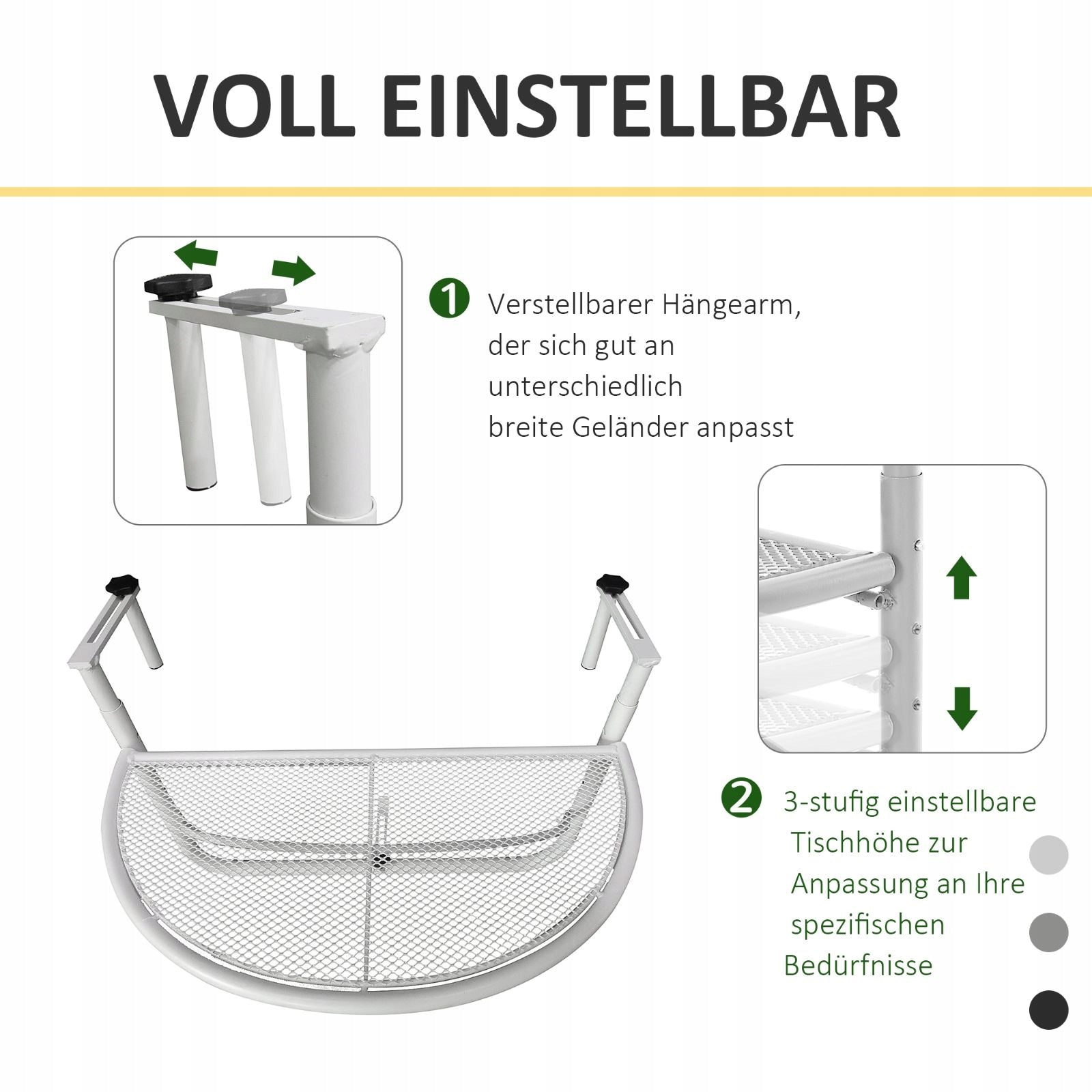 Balcony hanging table adjustable semicircular metal white 60x45x50cm EAN (GTIN) 3393712302812