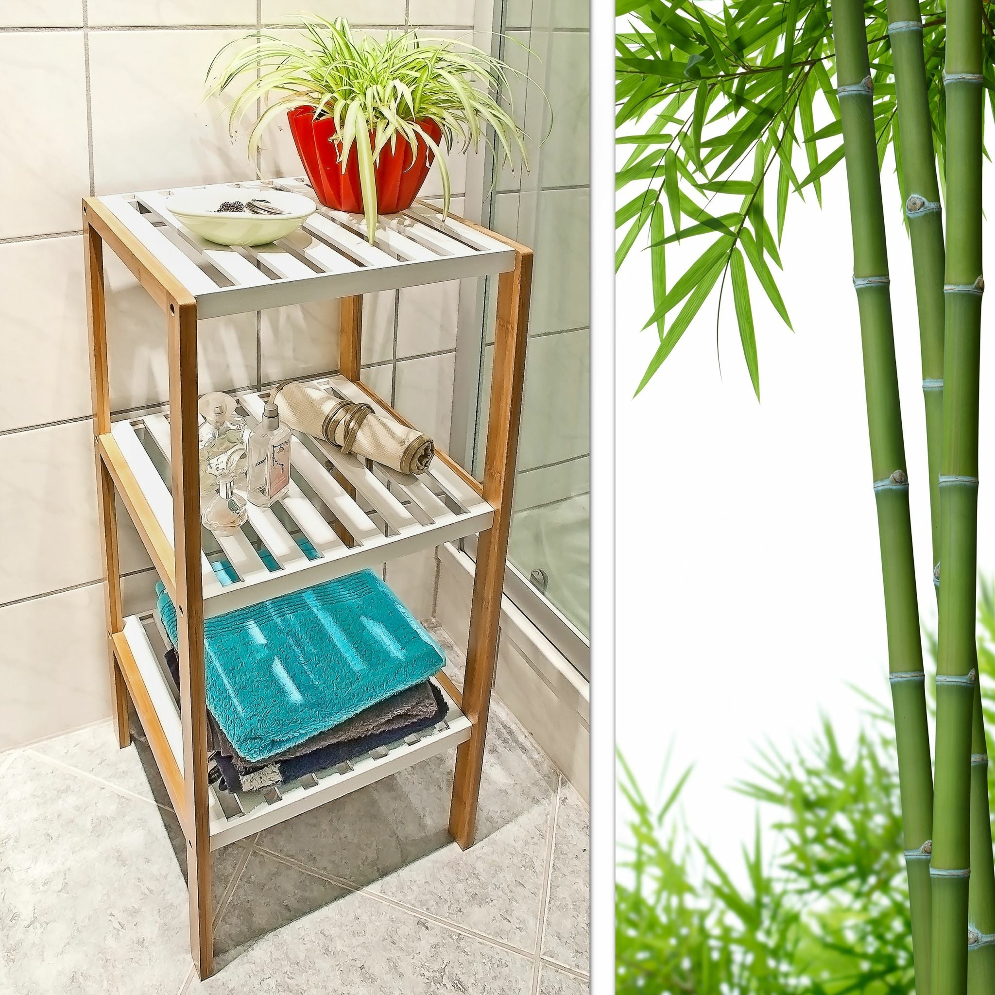 Bamboo bookcase with 3 shelves 80 x 33 x 34 cm White and brown Relaxdays Manufacturer code 10017162