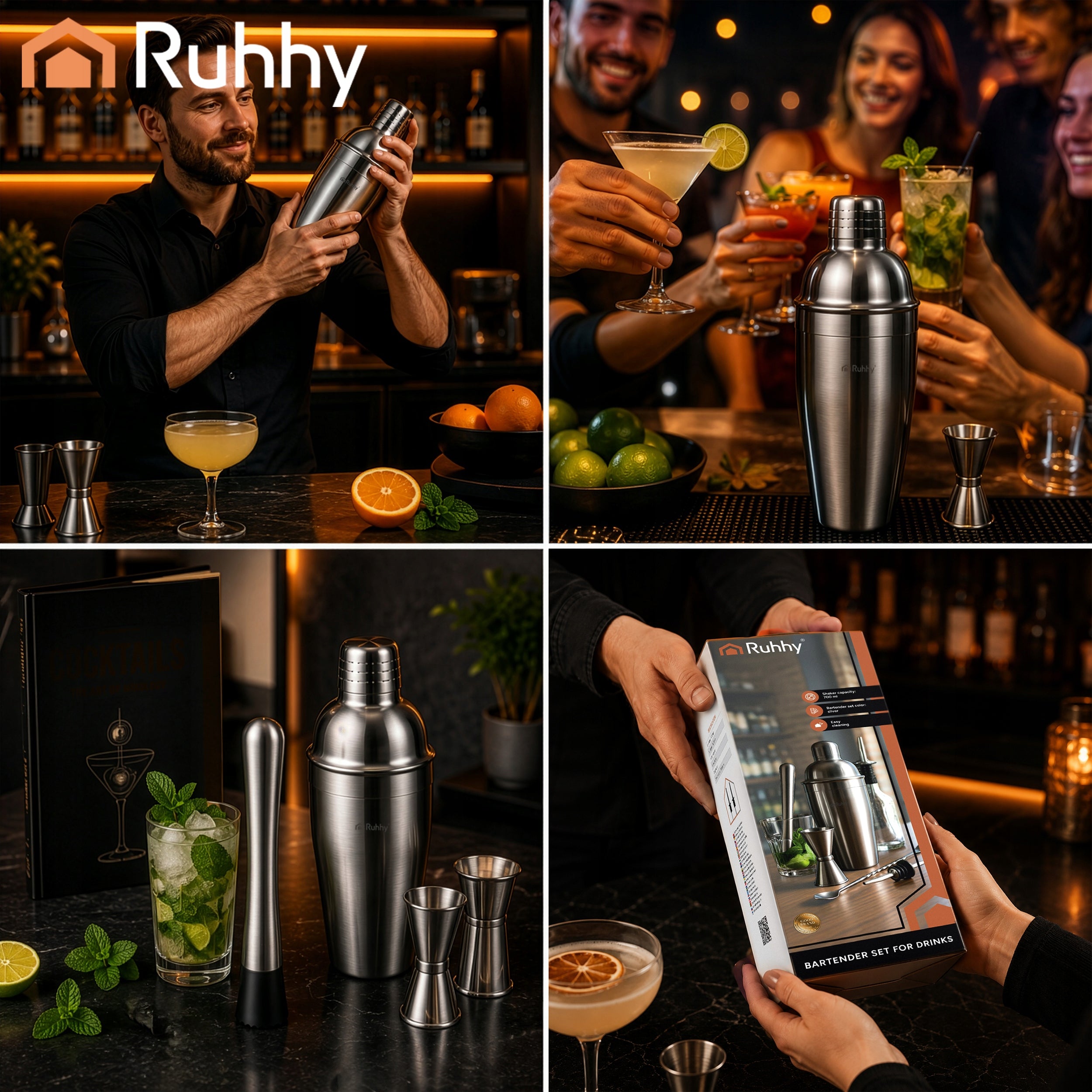 Bartending Set for Cocktail Drinks Shaker 700 ml Complete 6in1 for Gift Manufacturer code Zestaw barmański do drinków Ruhhy 21508