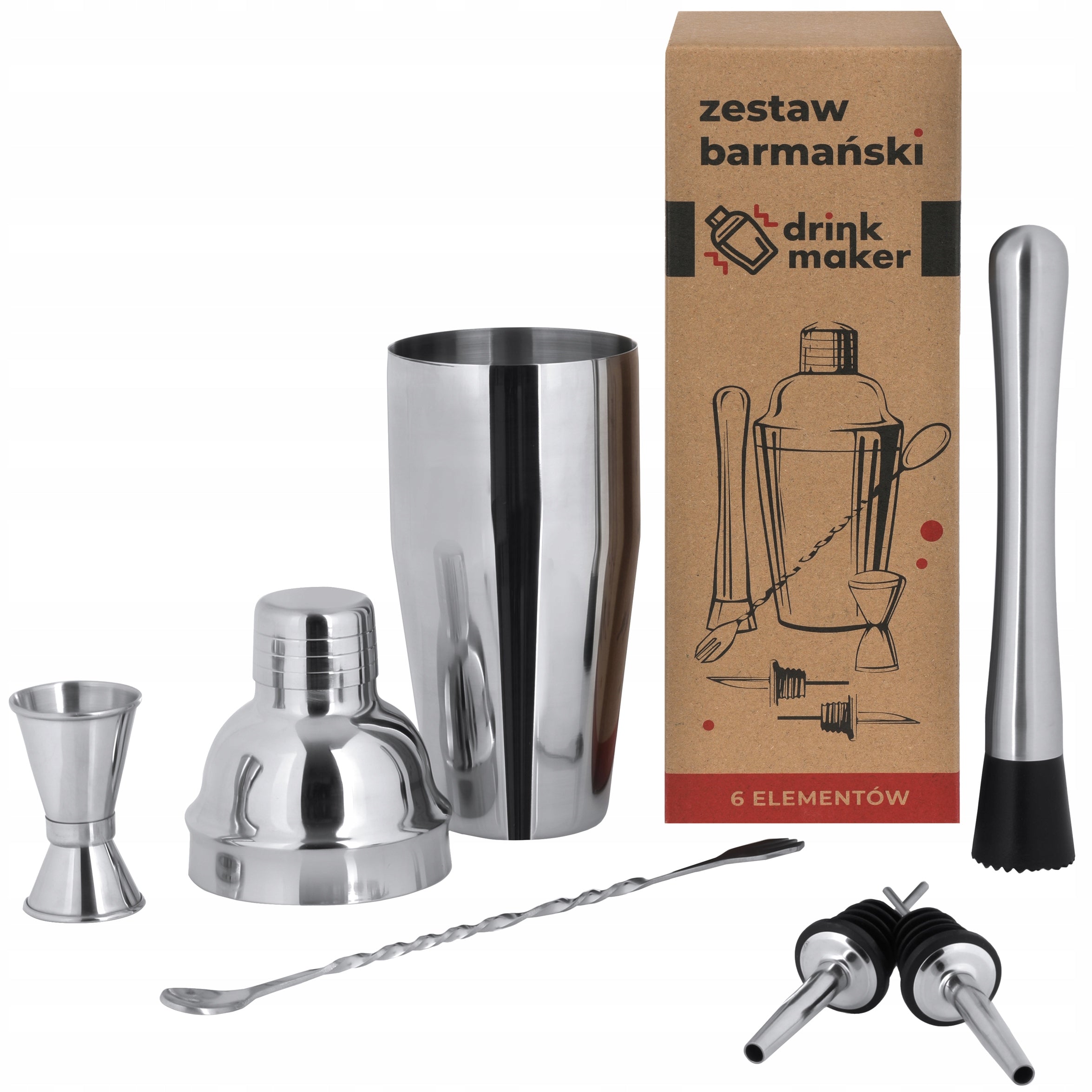 Bartending set for drinks 6 el Shaker 750 ml Muddler Jigger Pourer Spoon