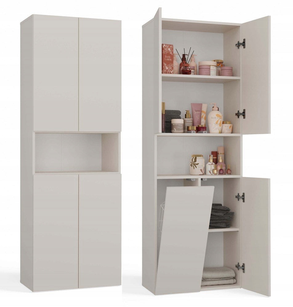 Bathroom Cabinet Cashmere with Laundry Basket High Standing Bookcase Post
