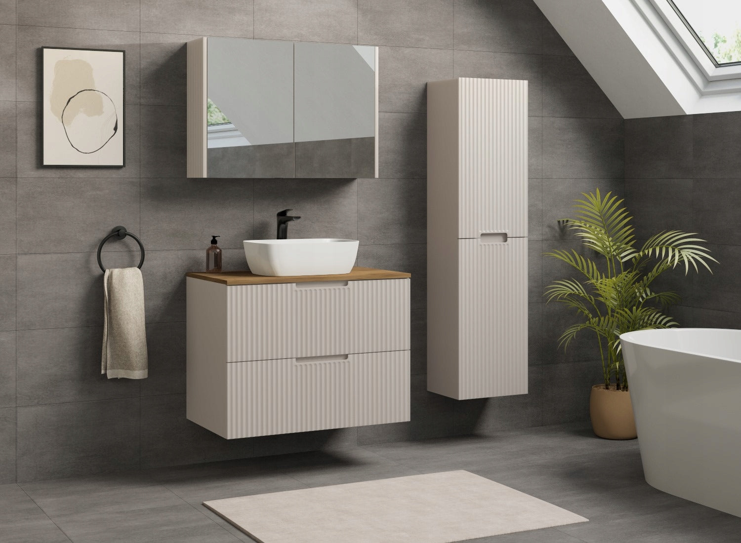 Bathroom Cabinet Hanging Post Cashmere 136 GROOVED MDF Fronts 2x Door Packaging status original