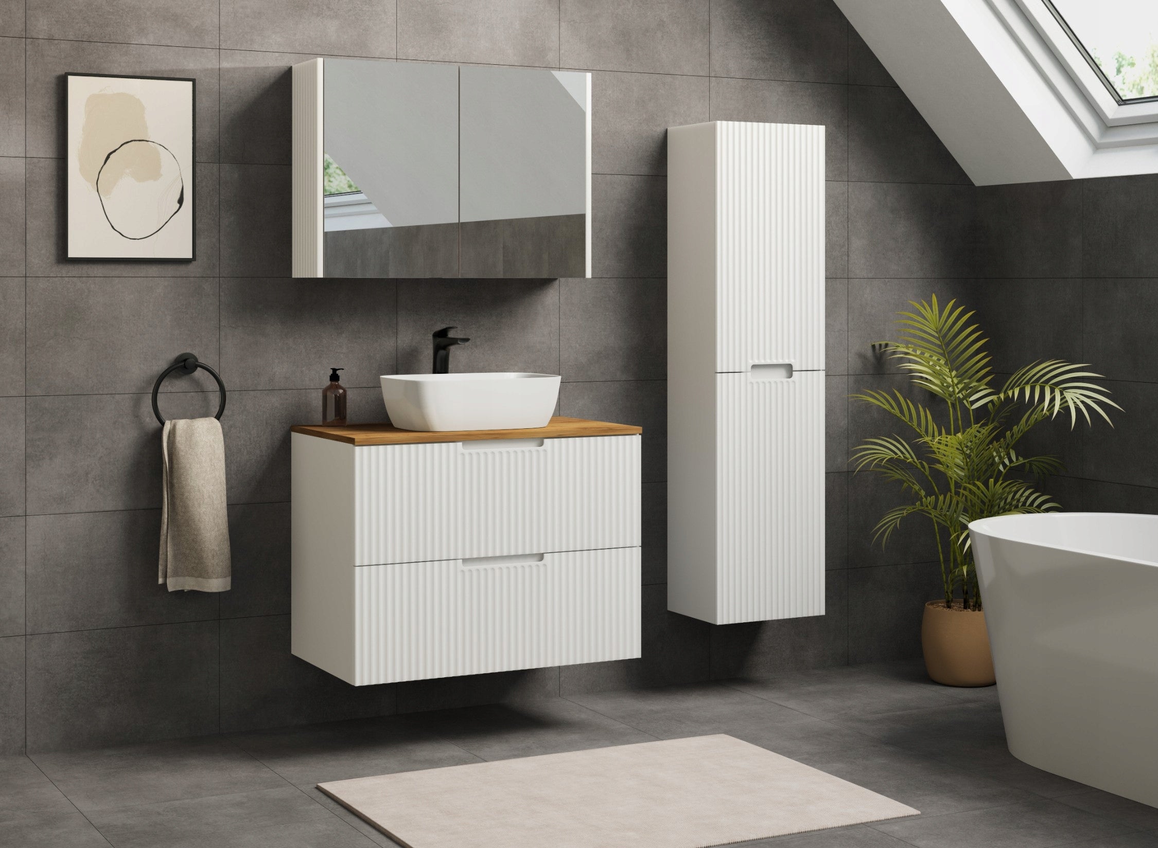 Bathroom Cabinet Hanging Post White 136 Cm GROOVED MDF Fronts 2x Door Packaging status original