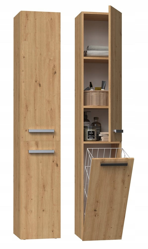 Bathroom Cabinet Standing with Laundry Basket Narrow Post Artisan Oak