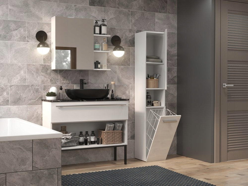 Bathroom Cabinet White Gloss Standing with Laundry Basket Narrow Post Manufacturer code Biała Łazienkowy Stojący Do Łazienki Wąski