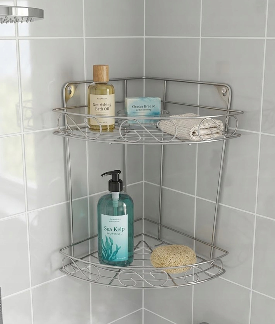 Bathroom Corner Shelf 2 Levels Chrome Shower Peg Metal Packaging status original