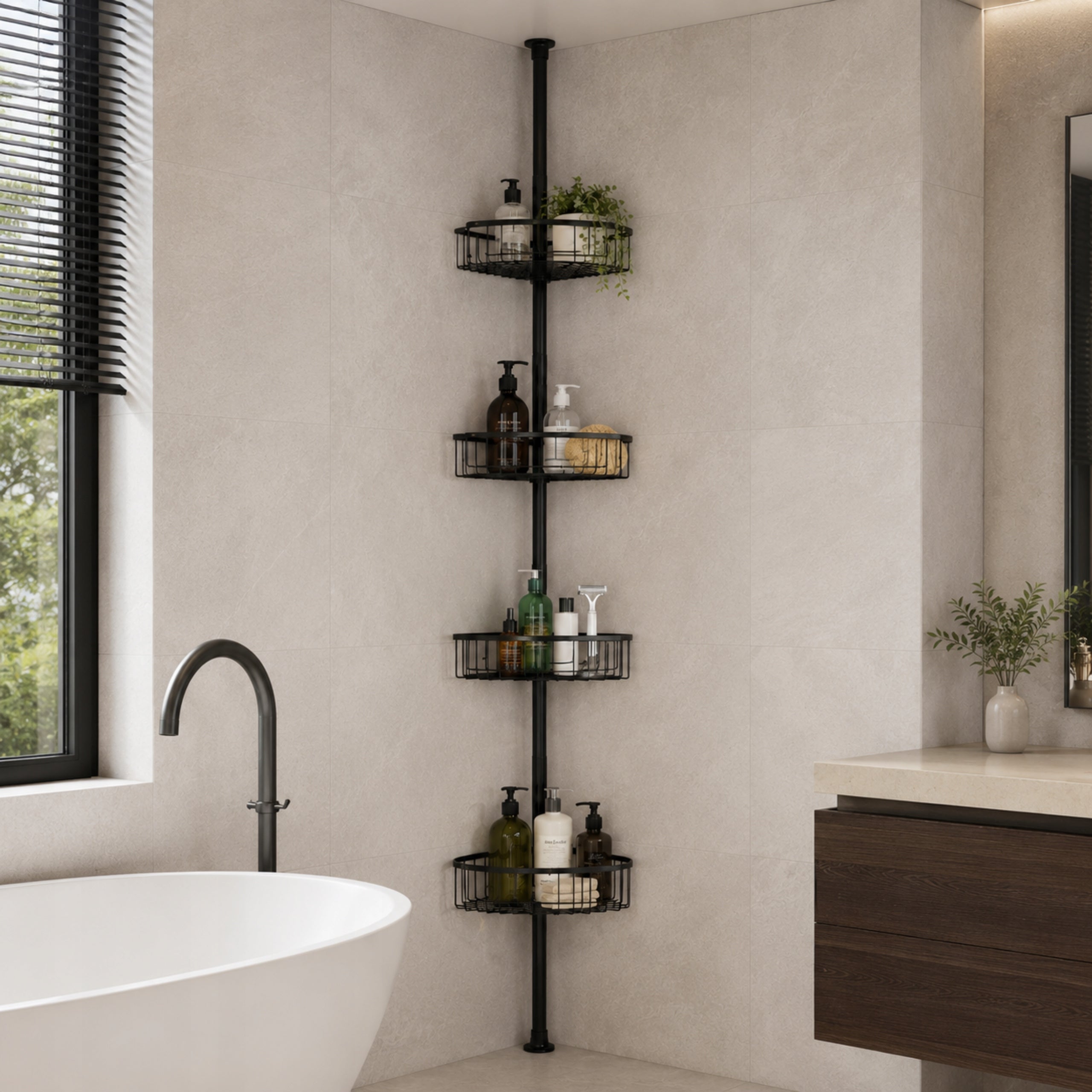 Bathroom Shower Shelf Telescopic Adjustable Corner Black 76-275cm Manufacturer code J1908