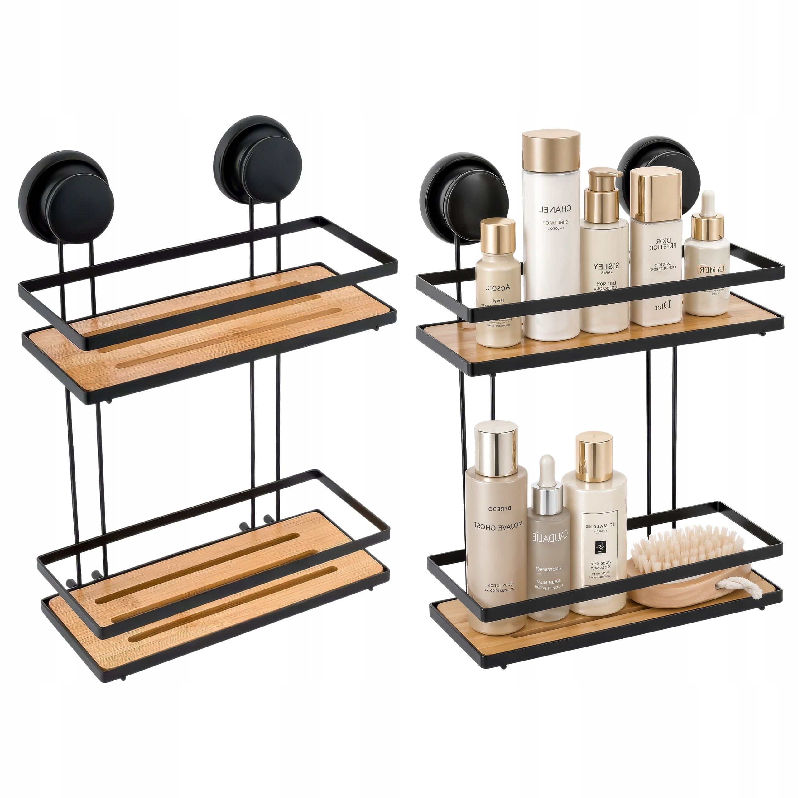 Bathroom Wall Shelf STRONG SUCTION CUPS Bamboo Cosmetics Without Drilling