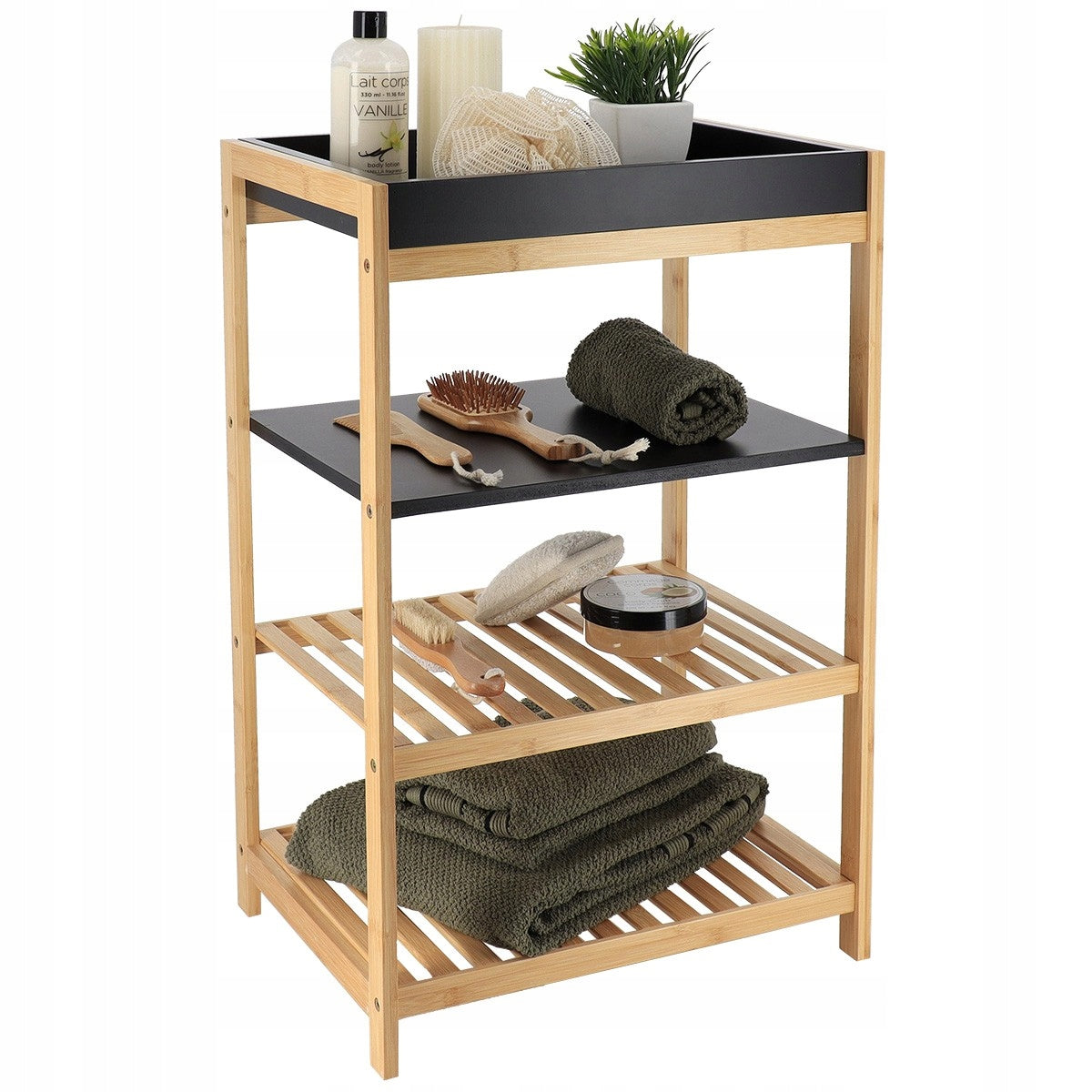 Bathroom cabinet 4-tier bookcase for cosmetics bamboo towels black Brand no brand
