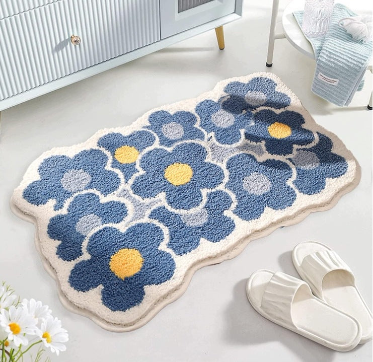 Bathroom mat 50x80 blue white with flowers stylish fluffy anti-slip Brand no brand