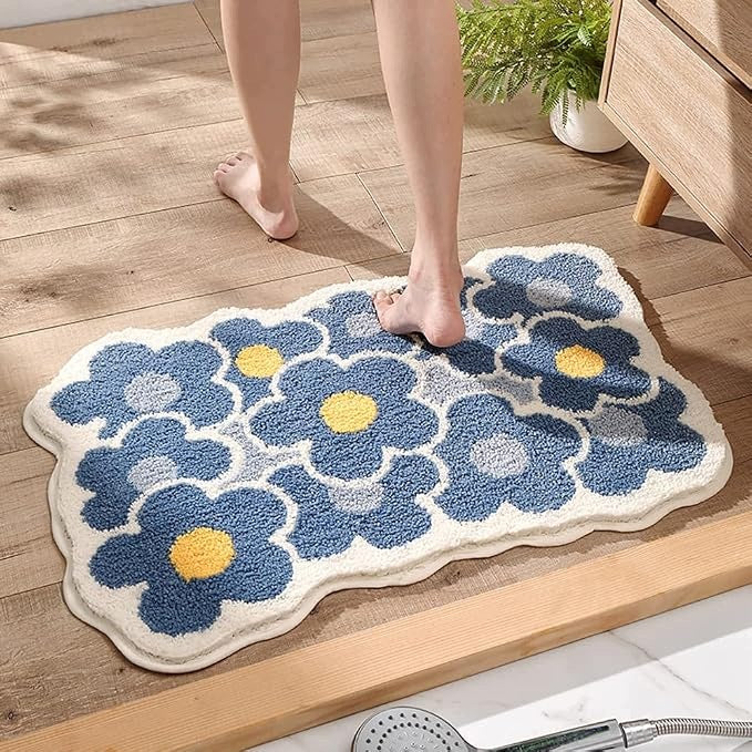 Bathroom mat 50x80 blue white with flowers stylish fluffy anti-slip Packaging status original