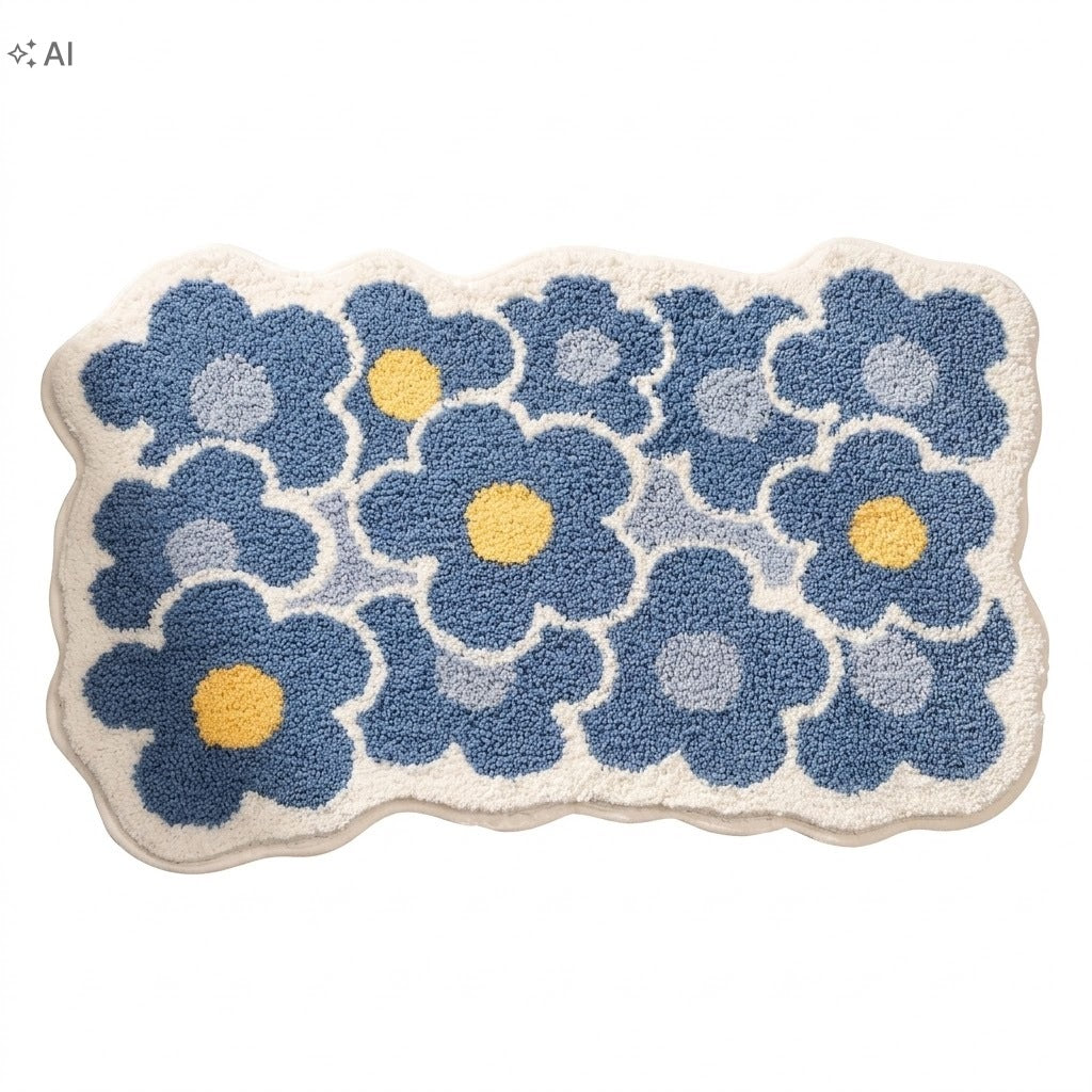 Bathroom mat 50x80 blue white with flowers stylish fluffy anti-slip