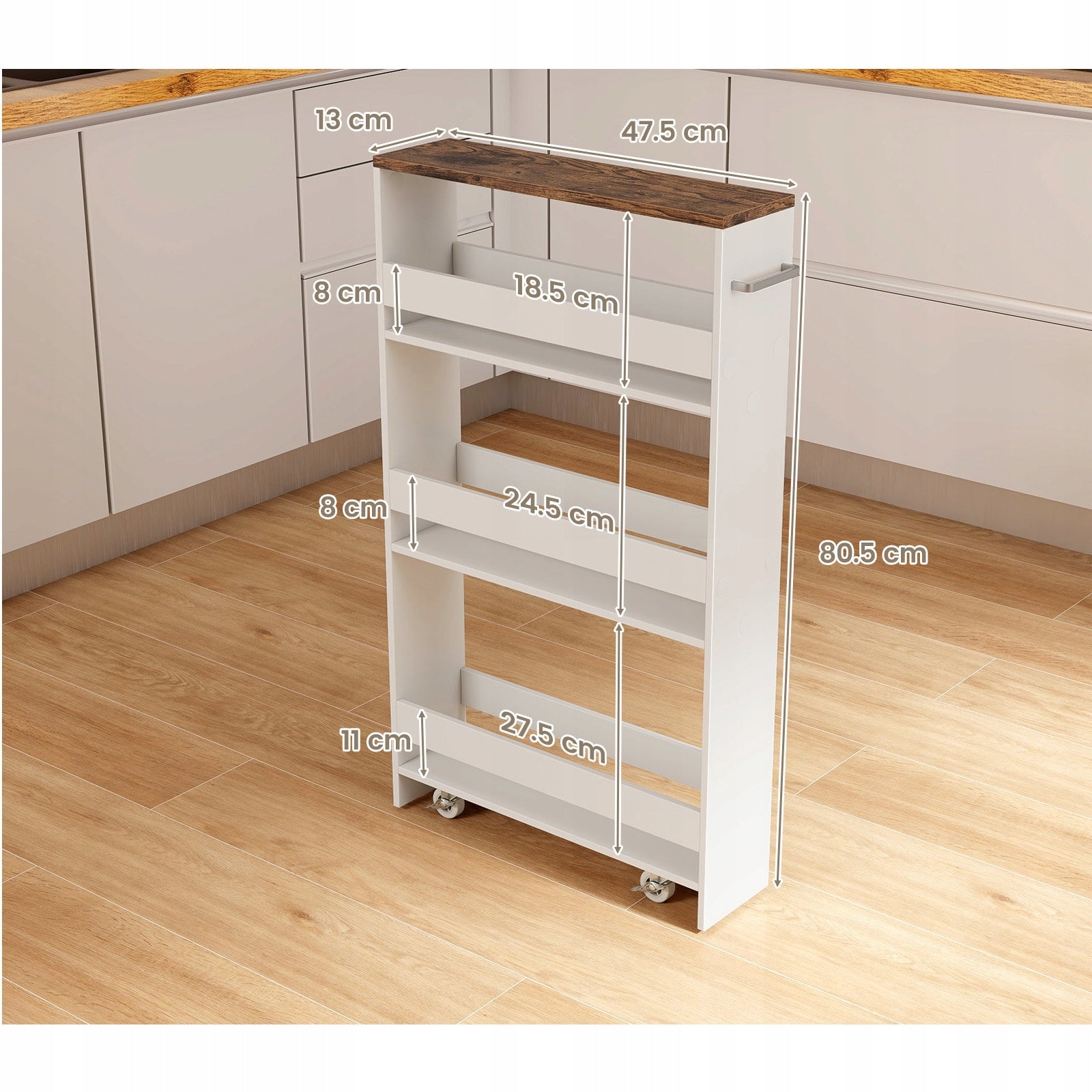 Bathroom shelving unit on wheels Narrow bookcase white 48 x 13 x 81 cm Furniture color white shades of brown