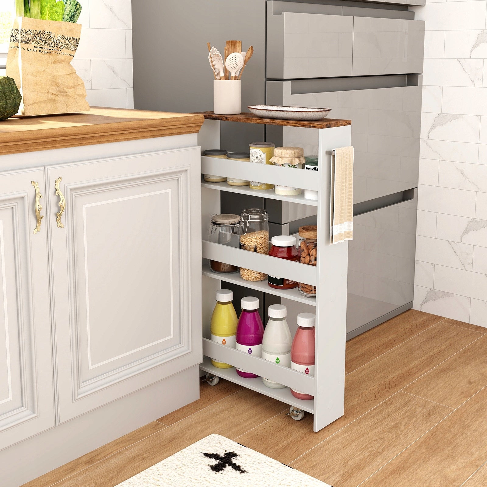 Bathroom shelving unit on wheels Narrow bookcase white 48 x 13 x 81 cm Furniture depth 48 cm