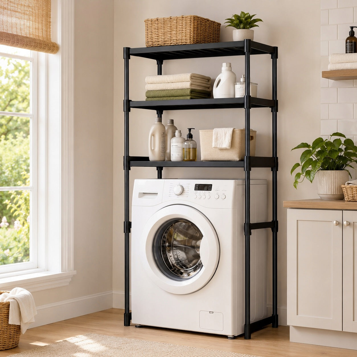 Bathroom shelving unit over washing machine or toilet, 3 shelves, black metal