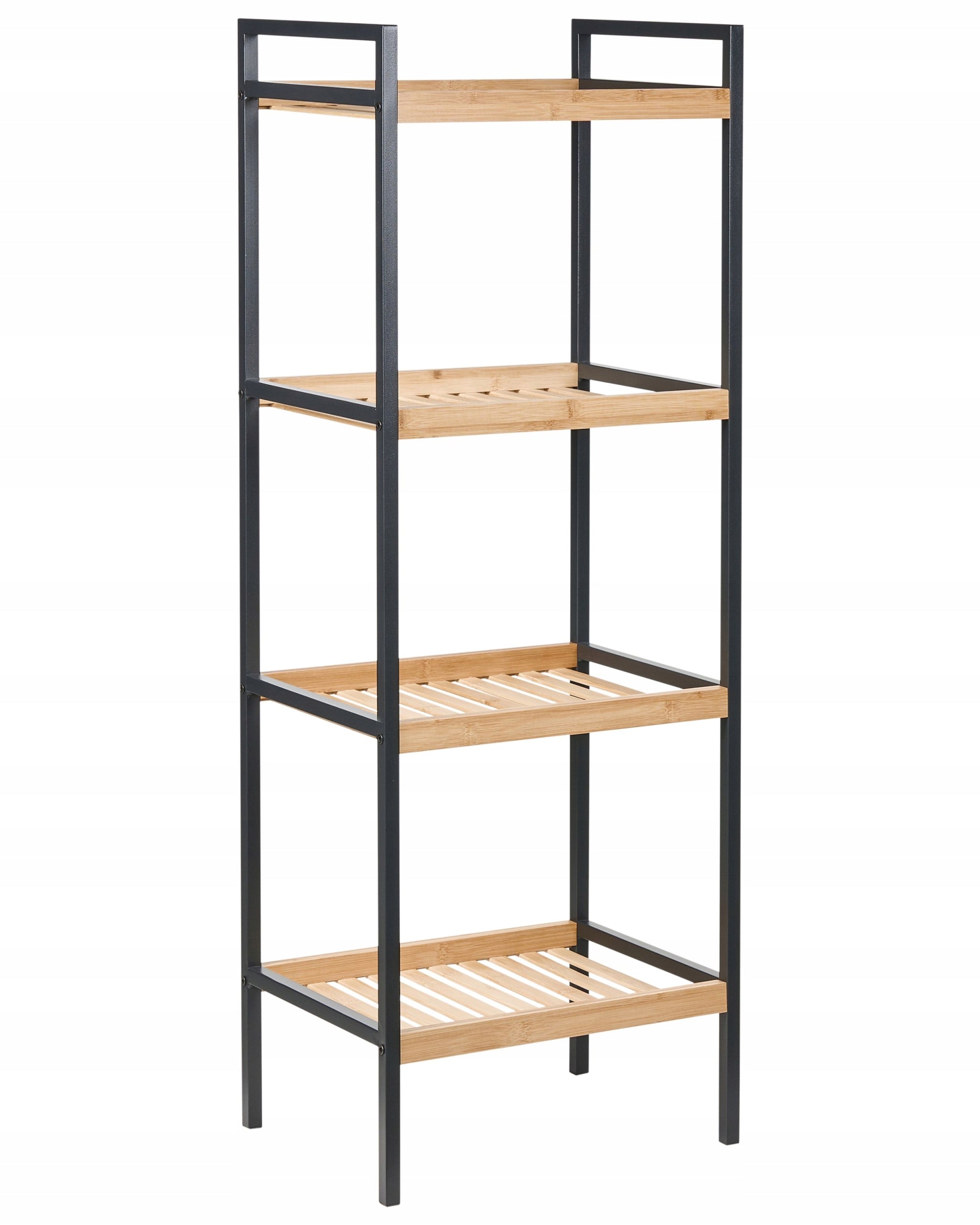 Bathroom shelving unit steel black frame bamboo shelves light brown