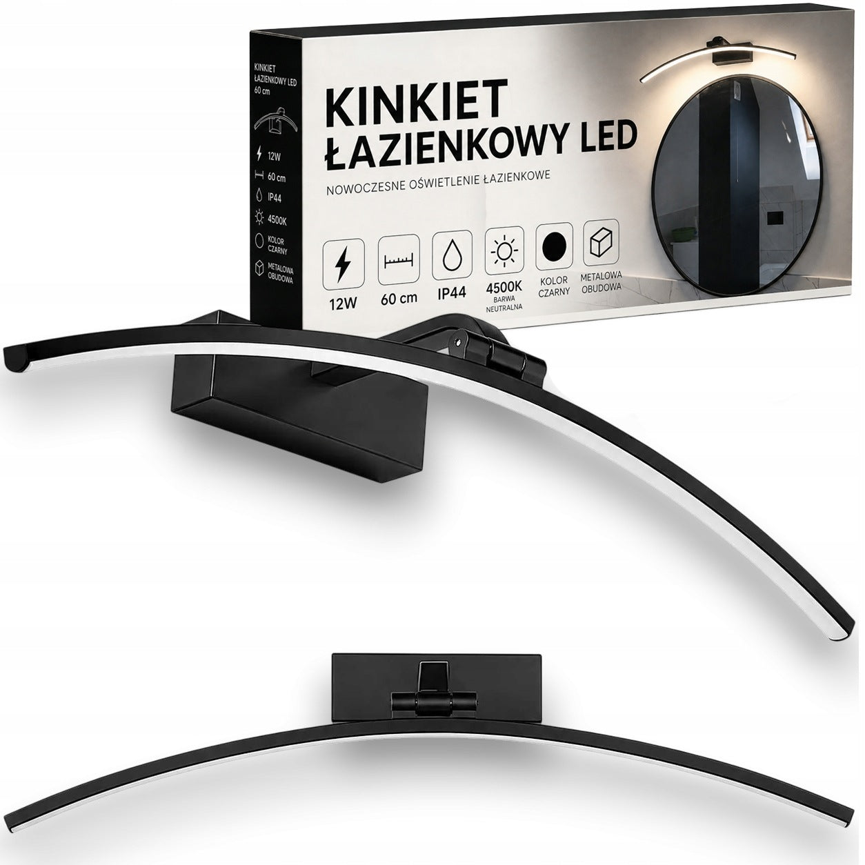 Bathroom wall lamp black LED 12W over mirror round bent 60cm neutral