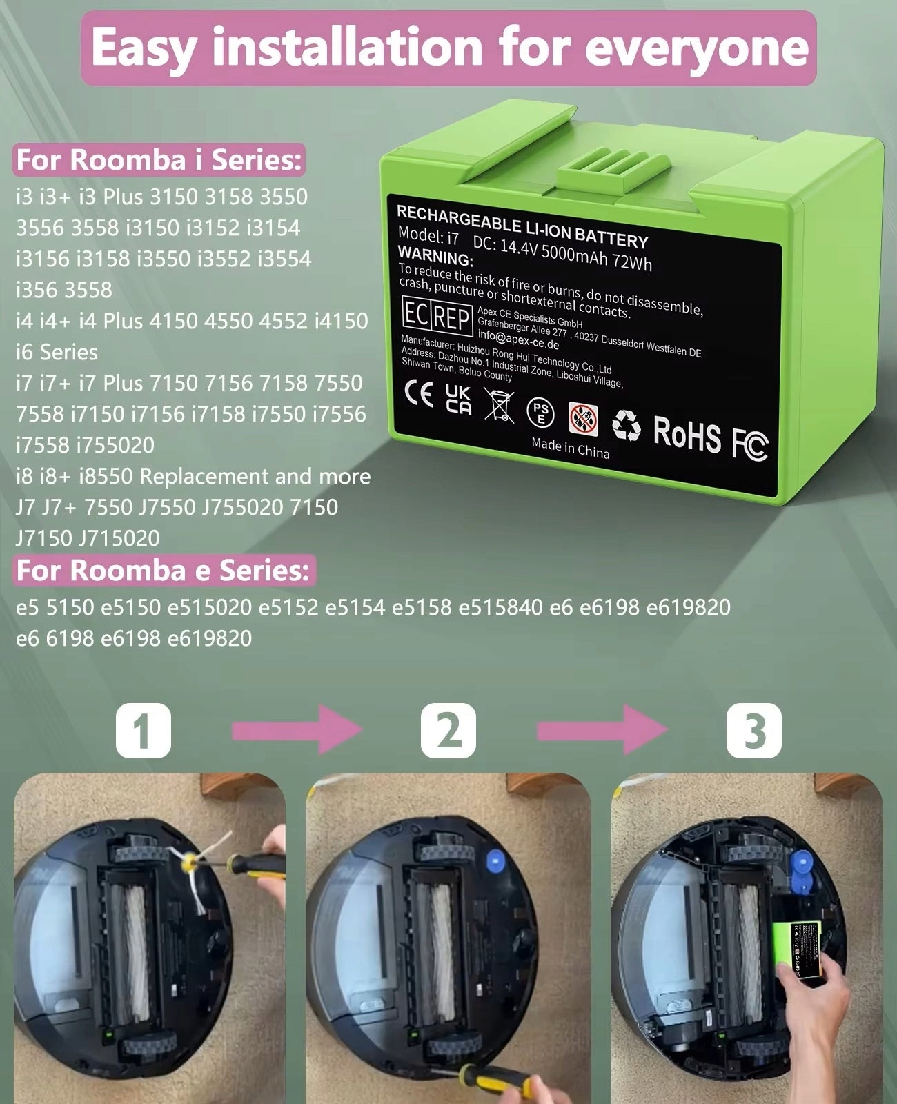 Battery for iRobot Roomba i3 i4 i6 i7 i8 J7 E5 E6 14.4V 5000mAh Manufacturer code iRobot Roomba i3 i4 i6 i7 i8 J7 E5 E6 i7