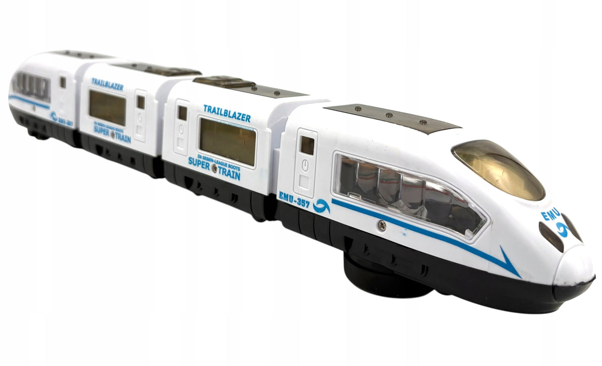 Battery-operated pendolino train driving glowing toy locomotive sounds. Brand For Fun