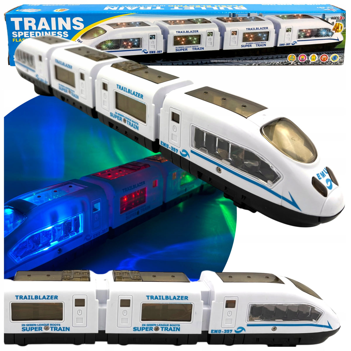 Battery-operated pendolino train driving glowing toy locomotive sounds.