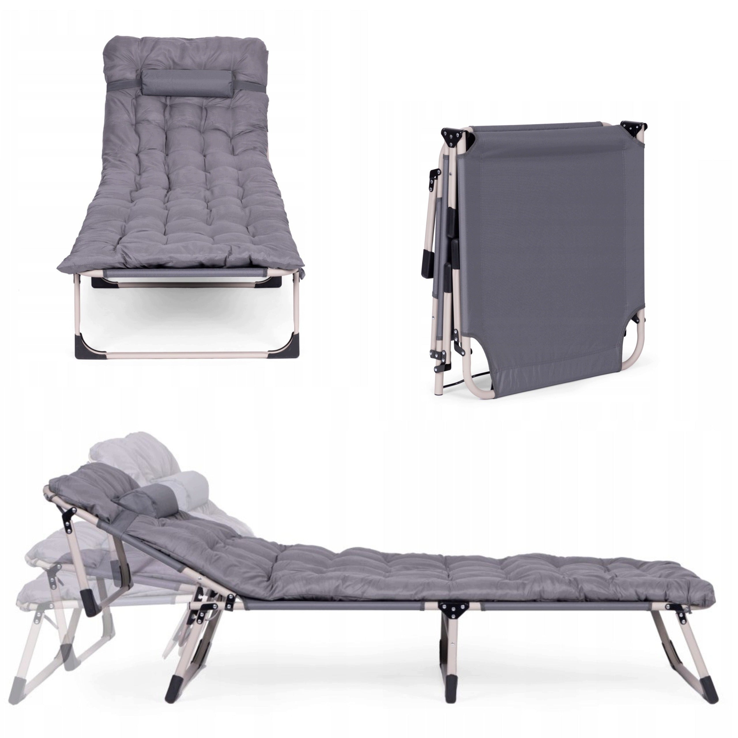 Beach Garden Sun Lounger Folding Couch Armchair With Mattress And Pillow Grey