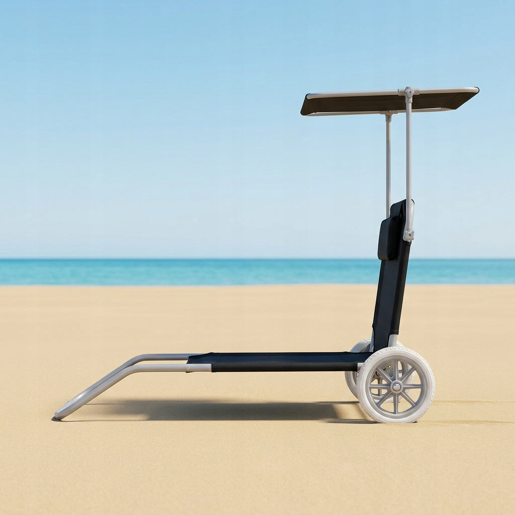 Beach Lounger 2in1 BLACK Trolley with Canopy Wheels Cushion YS-34 Brand IDEAL