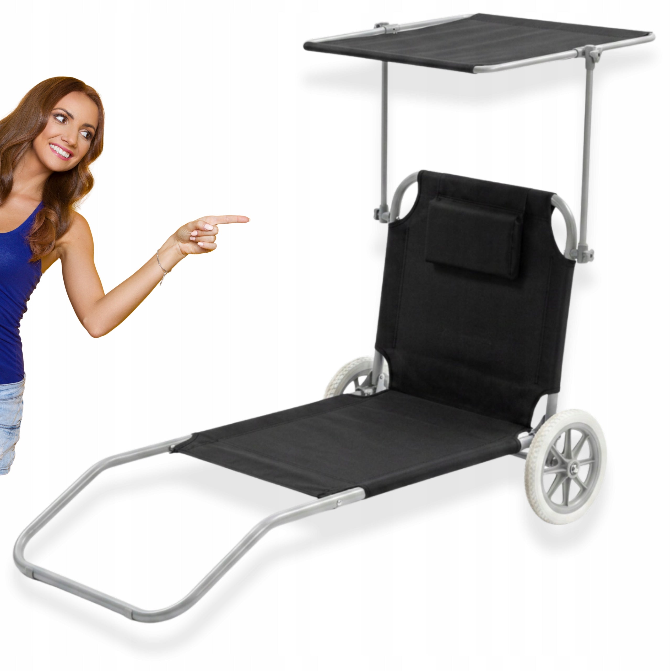 Beach Lounger 2in1 BLACK Trolley with Canopy Wheels Cushion YS-34