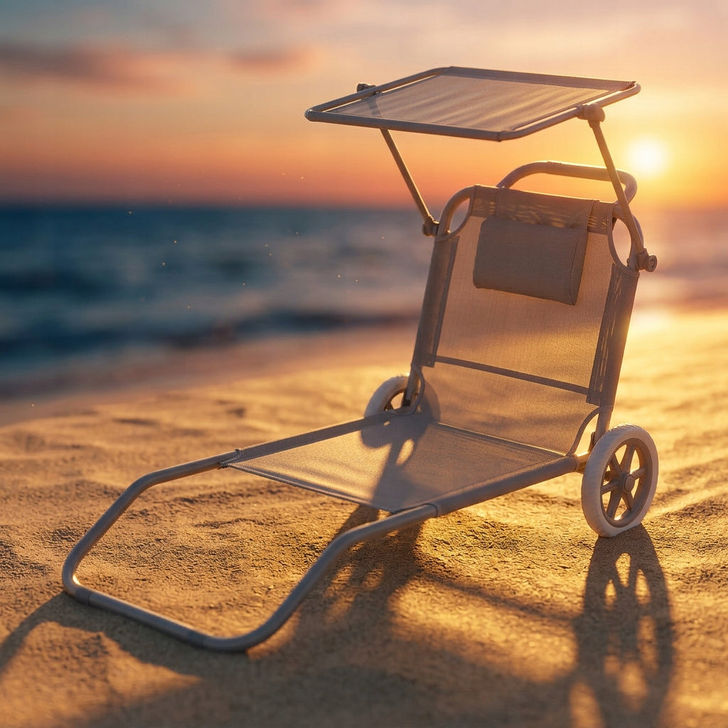 Beach Lounger 2in1 LIGHT GREY Trolley with Canopy Wheels Cushion YS-34 Brand IDEAL