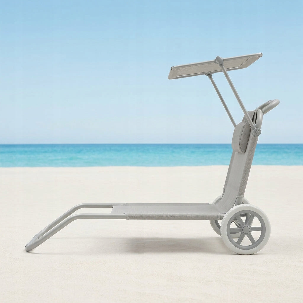 Beach Lounger 2in1 LIGHT GREY Trolley with Canopy Wheels Cushion YS-34 Kind sunbed
