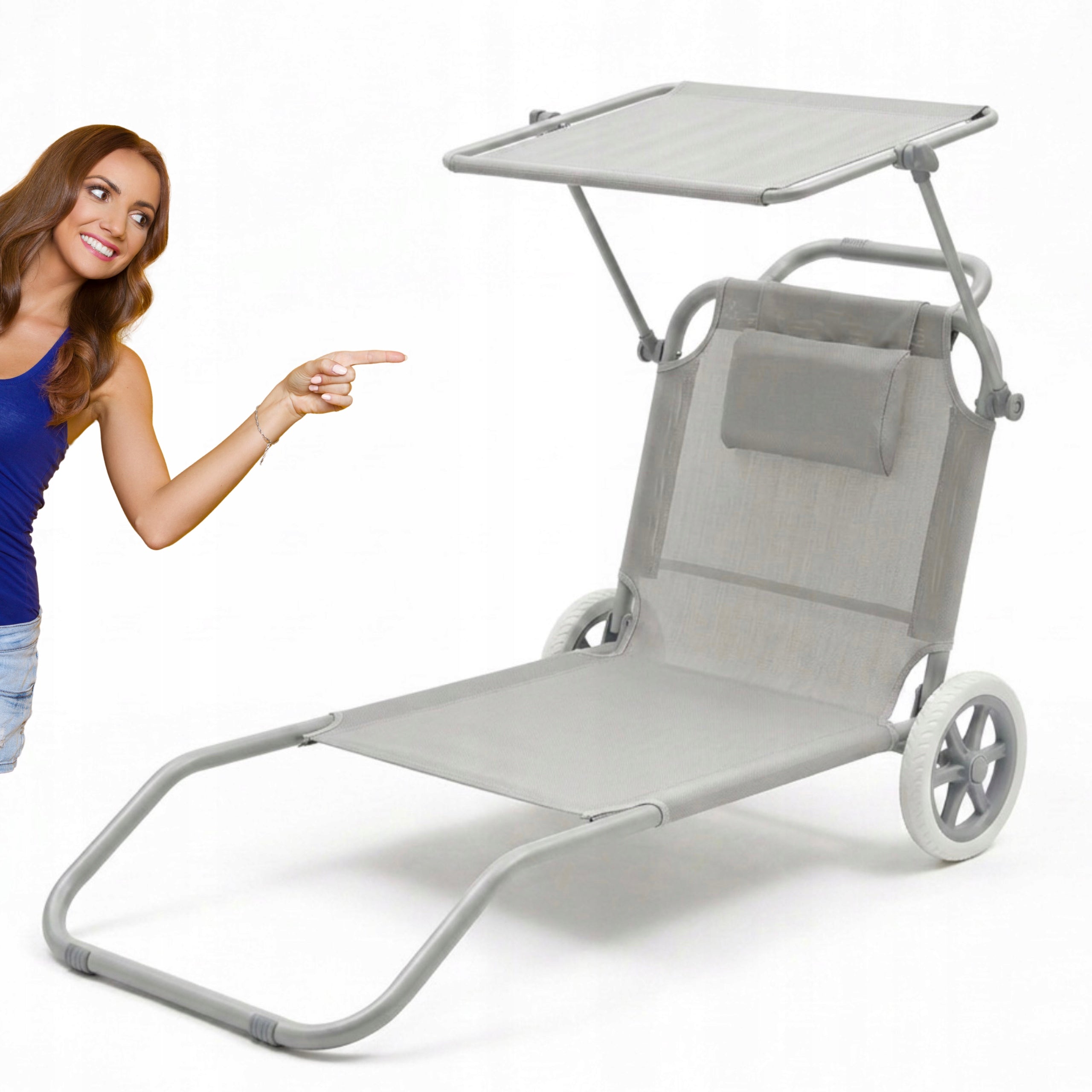 Beach Lounger 2in1 LIGHT GREY Trolley with Canopy Wheels Cushion YS-34