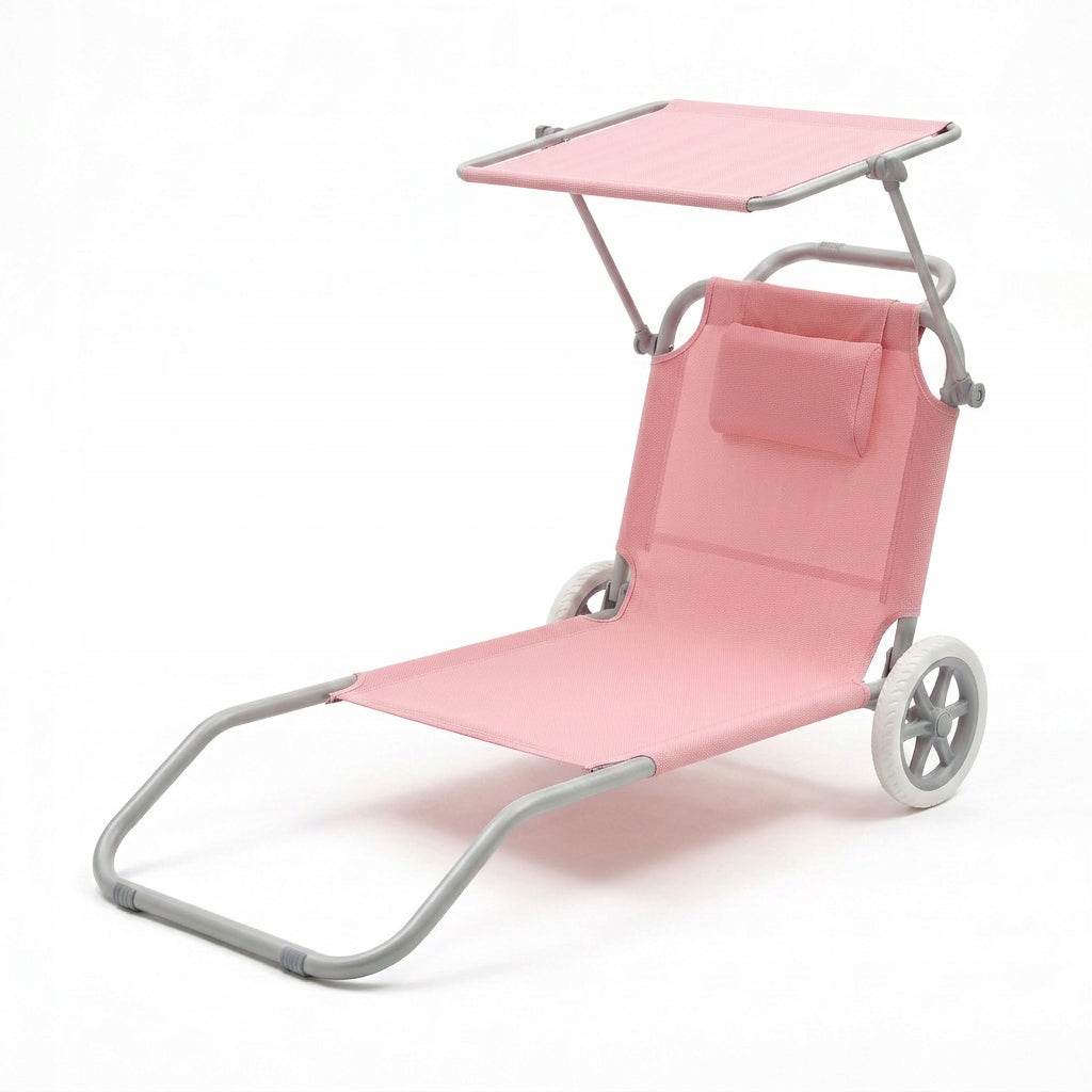 Beach Lounger 2in1 PINK Trolley with Canopy Wheels Cushion YS-34 Packaging status original