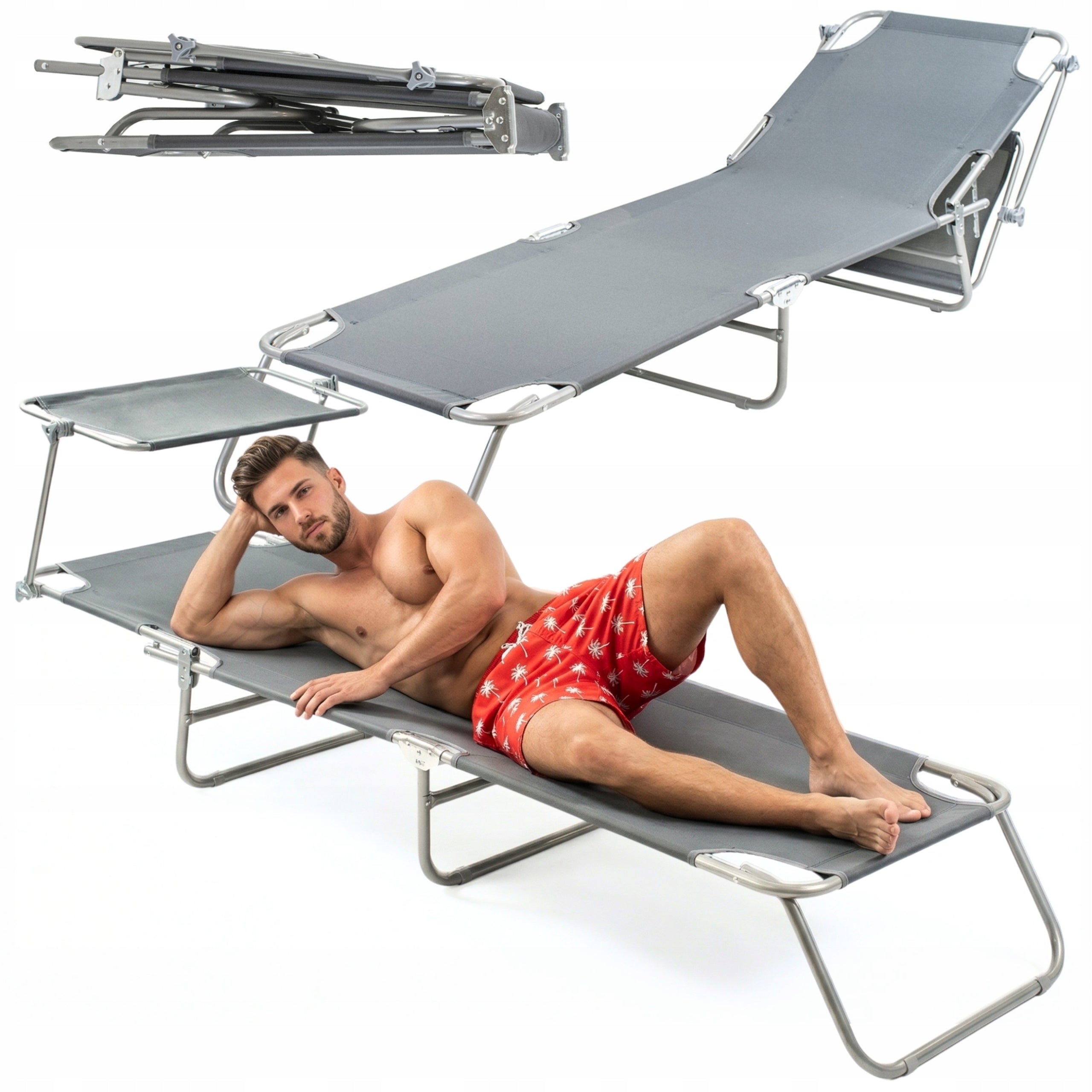 Beach Lounger Grey Folding 186CM Terrace Garden Adjustable Canopy