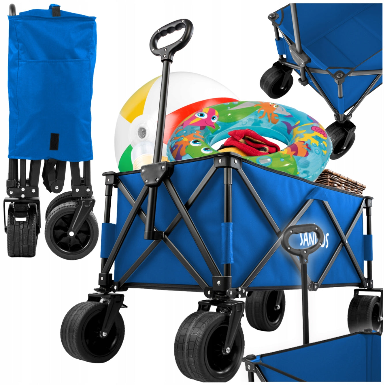 Beach trolley hiking camping transport folding thick wheels blue
