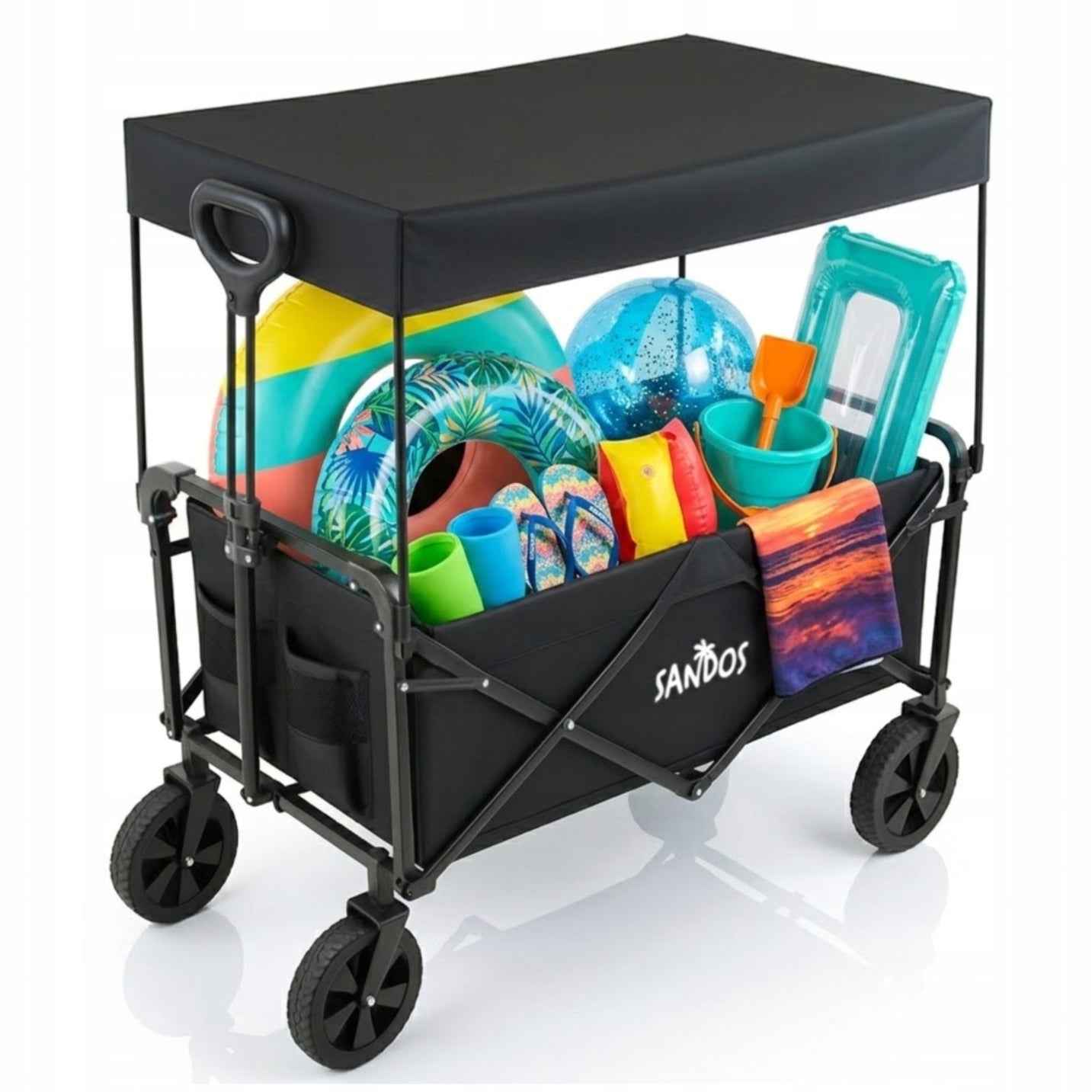 Beach trolley with visor trailer 100kg black folding for holiday beach