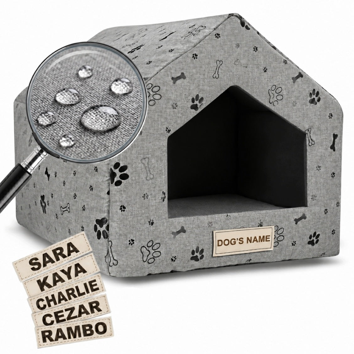 Bed Dog House Cat Booth Playpen for Dog Grey + Dog Name 50x40 cm