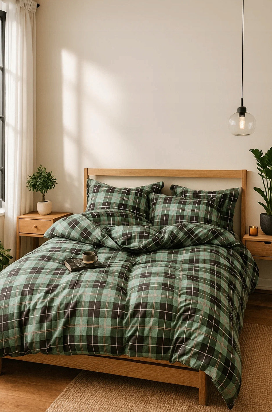 Bedding 160x200 cotton natural pillowcase set pattern lattice green Brand Fitizzio
