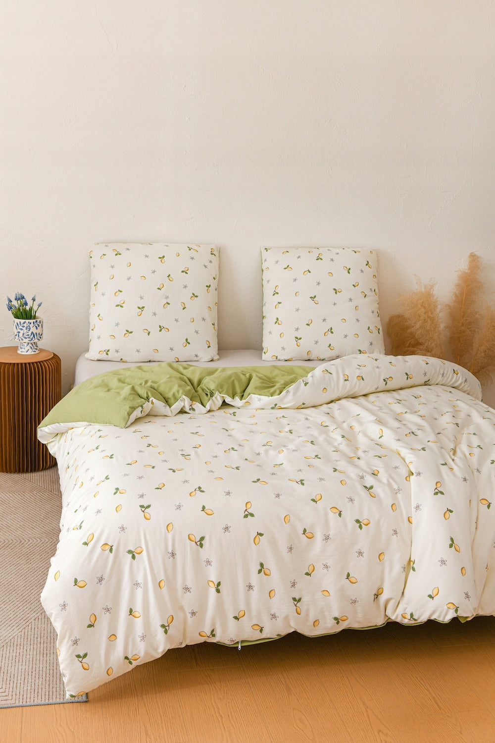 Bedding 160x200 + pillowcases white green with lemon fruit fashionable set Manufacturer code Pościel 160x200 wzorzysta dwustronna modna