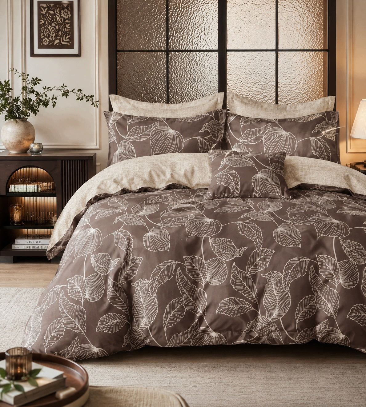 Bedding set 100% cotton Mengtianzi B-1705 brown beige leaves 200x220