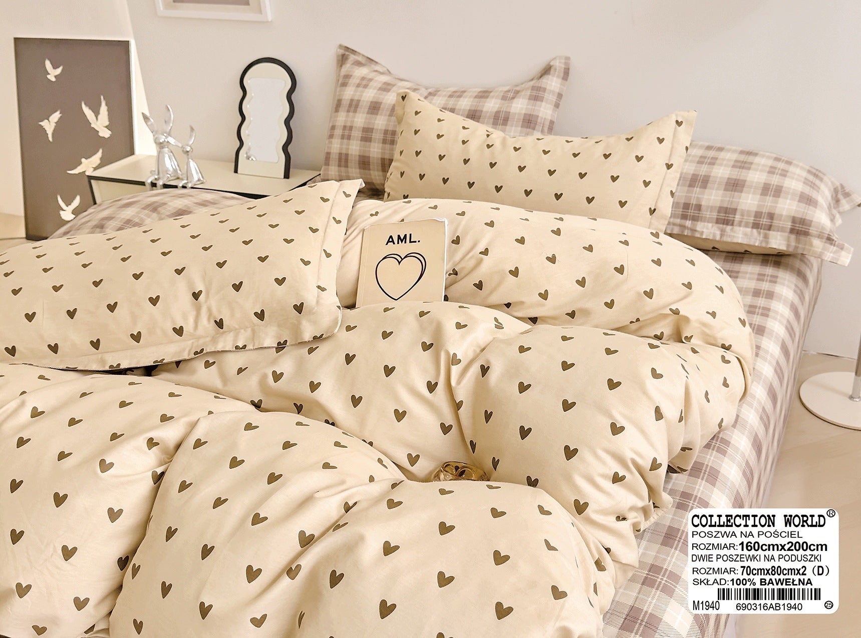 Bedding set 160x200 100% cotton beige with hearts double-sided Brand Collection World