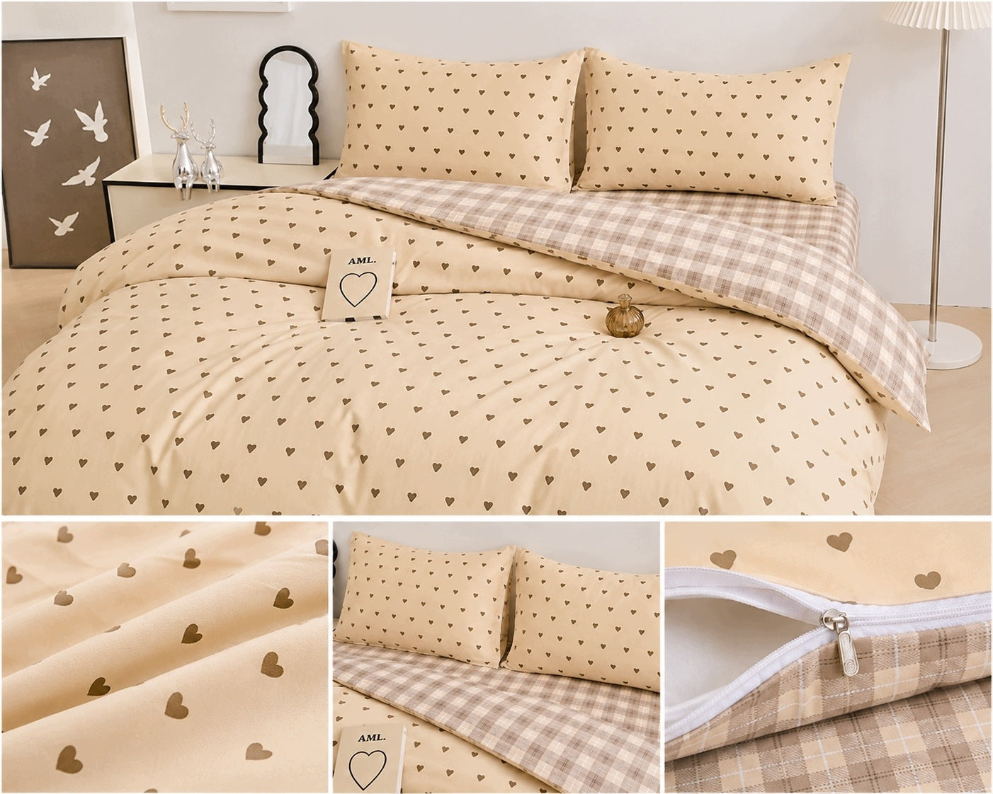 Bedding set 160x200 100% cotton beige with hearts double-sided Packaging status original