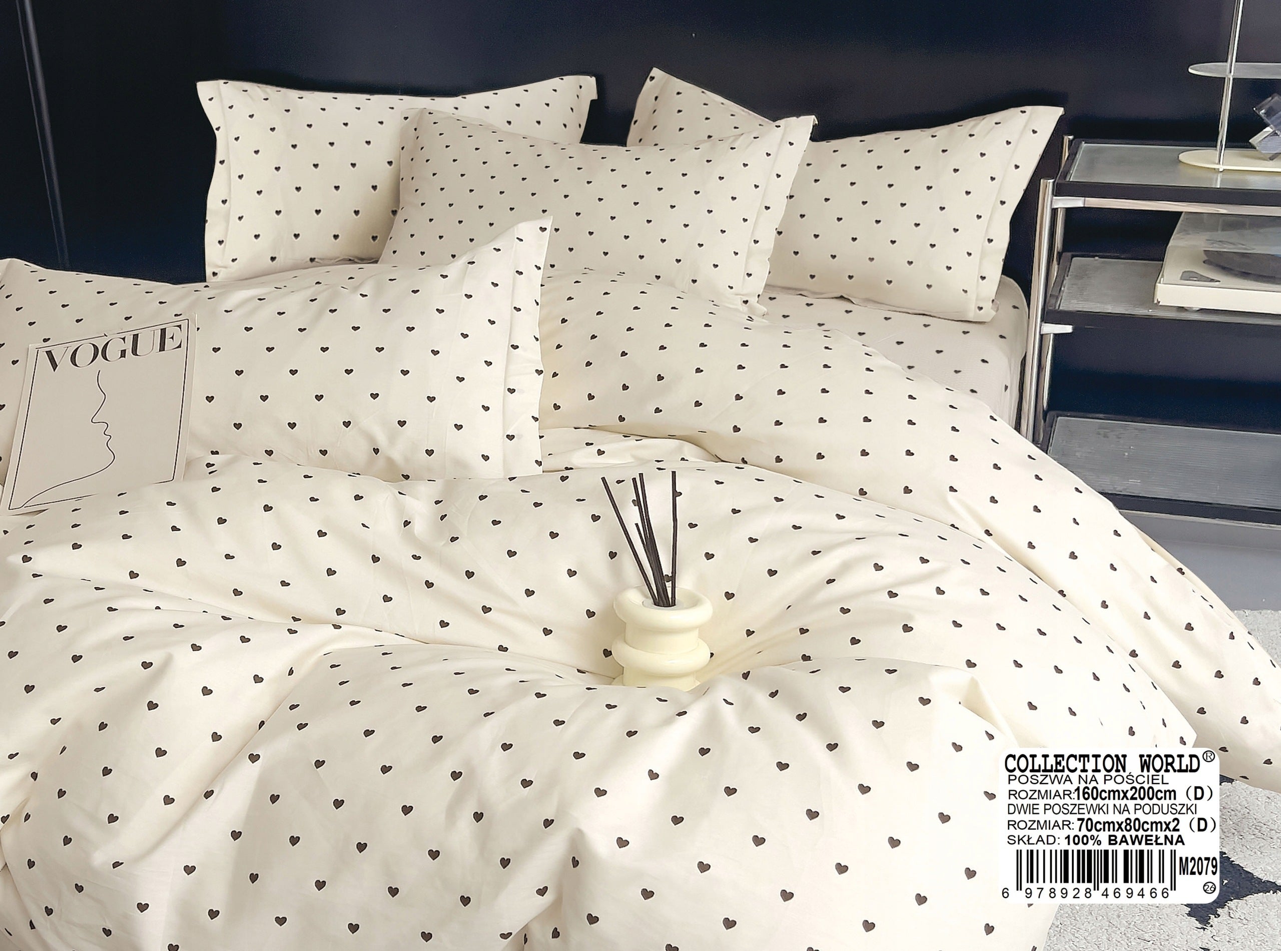 Bedding set 160x200, 100% cotton, cream with small dark hearts Manufacturer code M2079