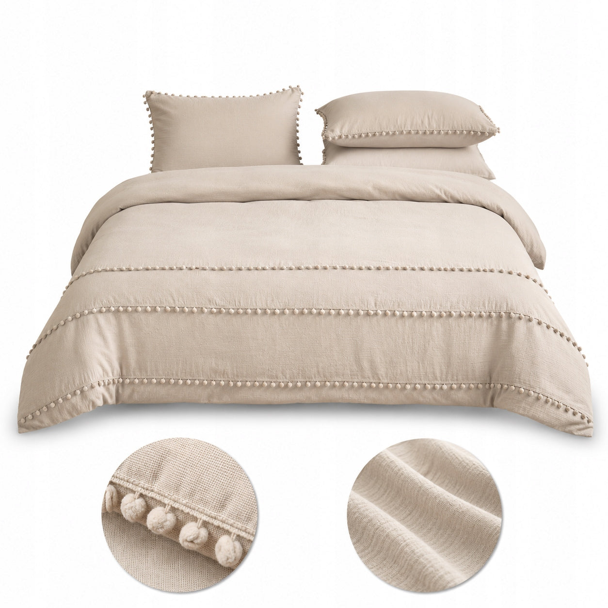 Bedding with Pompoms Boho 200x220 Beige Set